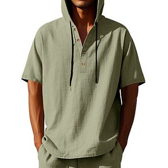 Men's Casual Button Down Hooded Short Sleeve Henley Shirt