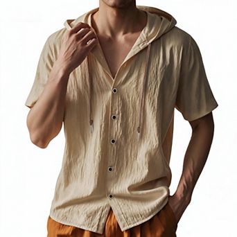 Men's Breathable Linen Hooded Short Sleeve T-Shirt