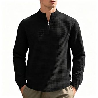 Men's Stand Collar Half Zip Long Sleeve Jacquard Check Sweatshirt Top