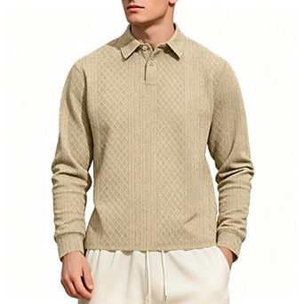Men's Textured Jacquard Long Sleeve Polo Shirt Casual Collared Button Up