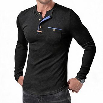 Men's Long Sleeve Henley Shirt Button Front Block Crew Neck Tee