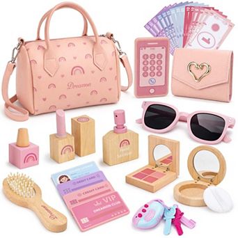 30 pc Play Purse Wooden Makeup Kit Handbag Phone Wallet Keys Princess Gift 3-6 Year Old