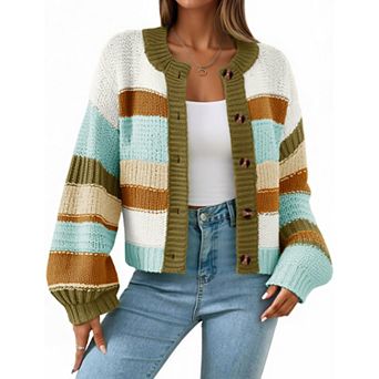Women Striped Chunky Cardigan Fall Coat