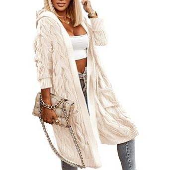 Cable Knit Cardigan Women Hooded Oversized Long Coat