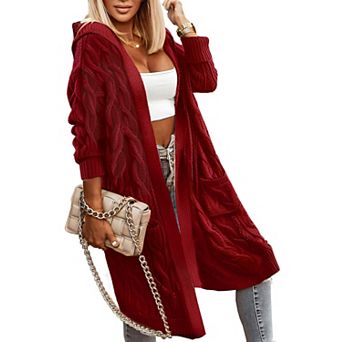 Cable Knit Cardigan Women Hooded Oversized Long Coat