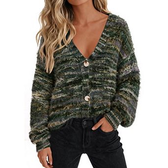 Women's Striped Fuzzy Cardigan V-Neck Knit Sweater