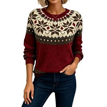 Women's Crew Neck Fair Isle Sweater Jacquard Knit Long Sleeve Pullover