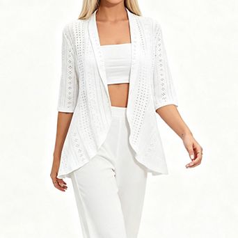 Women Open Front Eyelet Cardigan, 3/4 Sleeve Ruffle Hem Lightweight Summer Casual Jacket
