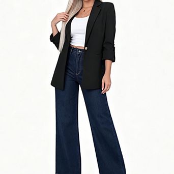 Women Open Front Blazer, Notched Lapel Roll Tab Sleeve Loose Casual Business Suit Jacket with Pocket