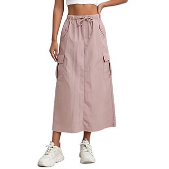 Women Cargo Cute Hiking Maxi Casual Drawstring a-Line Parachute Skirt with Pockets