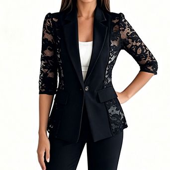 Notched Lapel Lace Spliced Blazer, Single Button 3/4 Sleeve Open Front Casual Suit Jacket