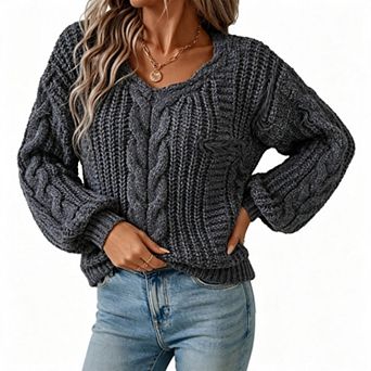 Women's V‑Neck Cable Knit Sweater, Long Balloon Sleeve Loose Fit Cropped Pullover Top