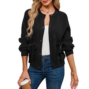 Women's Side Tie Knit Long Sleeve Button Cardigan Sweaters Open Front Casual Fall Winter Outfits