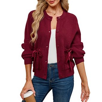 Women's Side Tie Knit Long Sleeve Button Cardigan Sweaters Open Front Casual Fall Winter Outfits