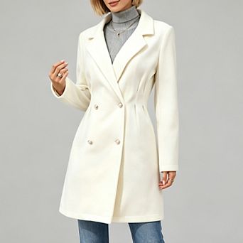 Women Notched Lapel Double Breasted Coat, Waist Cinched Mid-Length Elegant Winter Outerwear