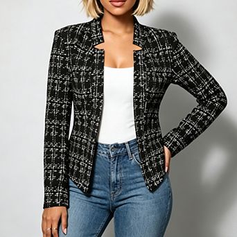 Women Open Front Tweed Blazer, Stand Collar Long Sleeve Tailored Slim Fit Business Casual Jacket