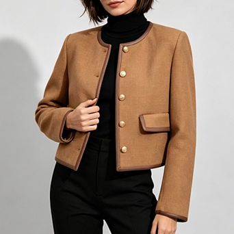 Women Round Neck Single-Breasted Tweed Cropped Jacket Contrast Trim Pocket Elegant Casual Outerwear