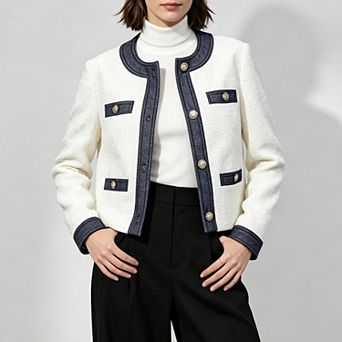 Women Round Neck Tweed Cropped Jacket Denim Splicing Metal Button Pocket Business Casual Outerwear