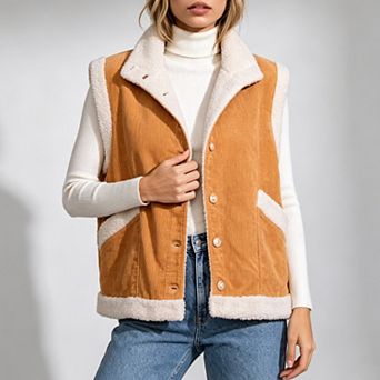 Women Stand Collar Corduroy Sherpa Trim Vest Button Front Patch Pocket Casual Sleeveless Outerwear