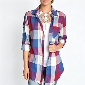 Women Lapel Rollable Sleeve Loose Fit Vintage Plaid Button Down Casual Long Sleeve Shirt Blouse