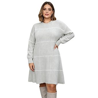 Women Plus Size Striped Color Block Patchwork Round Neck Long Sleeve Knit Sweater Midi Dresses