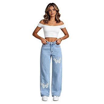 Women Rhinestone Butterfly Decor Denim Jeans High Waist Straight Leg Long Denim Bottoms