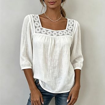 Women's Boho Lace Patchwork Square Neck 3/4 Sleeve Lightweight Blouse Casual Dressy Top
