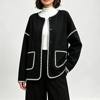Women Round Neck Button Front Coat Side Pocket Loose Fit Soft Fabric Casual Daily Outerwear