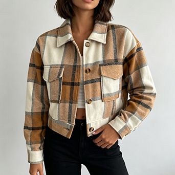 Women Cropped Button Down Shirt Jacket Chest Pockets Loose Fit Wool Blend Casual Fall Outerwear