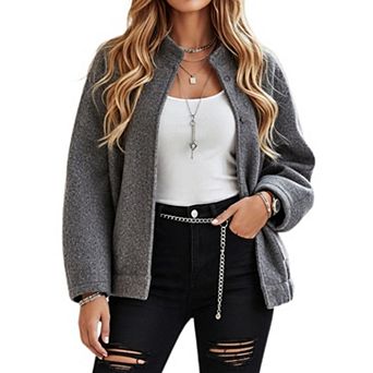 Women's Stand Collar Jacket Hidden Button Front Loose Drop Shoulder Casual Streetwear Outerwear