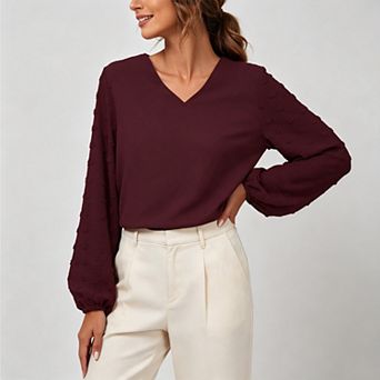 Women Dressy v Neck Swiss Dot Lantern Long Sleeve Shirts Fall Fashion Business Casual Outfits