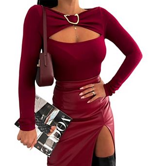 Women Twisted Metal Buckle Cutout Top Long Sleeve Slim Fit Crew Neck Blouse Shirt