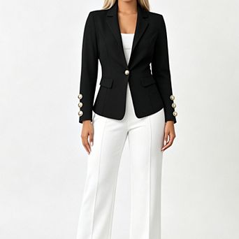 Women's Notched Lapel Blazer, Single Button Long Sleeve Decorative Cuff Slim Fit Casual Suit Jacket