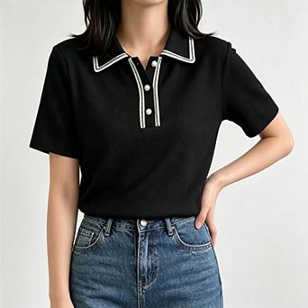 Women's Contrast Trim Collar Half‑Button Short Sleeve Polo t‑Shirt Business Casual Top