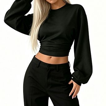 Women Crew Neck Side Ruched Sweatshirt, Loose Long Sleeve Cropped Casual Pullover Top