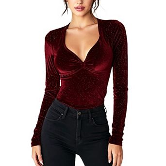 Velvet Tops for Women Long Sleeve Sweetheart Neck Shirt Dressy Casual Date Party Slim Fit Blouse
