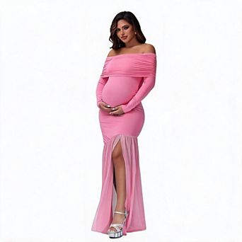 Women's Maternity Off-Shoulder Mesh Slit Gown
