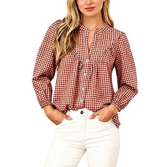 Women Plaid Long Sleeve Blouse Mock Neck Partial Button Down Ruffle Front Business Casual Tops