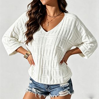 Women's Casual v-Neck Knitted Sweater Three-Quarter Sleeve Pullover Loose Thin t-Shirt