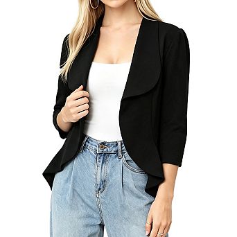 Women Collar Three Quarter Sleeve Open Front Fitted Waist Cropped Blazer