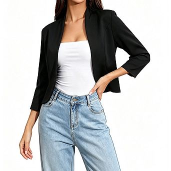 Women Three Quarter Sleeve Open Front Curved Hem Cropped Blazer Slim Casual Office Jackets