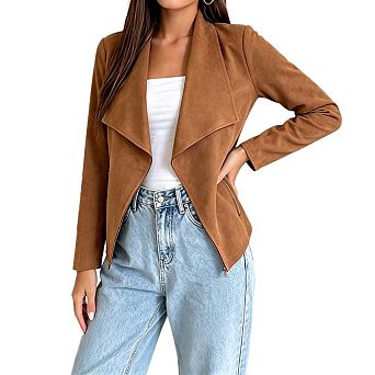 Women Lapel Long Sleeve Open Front Faux Suede Cropped Jacket Outerwear
