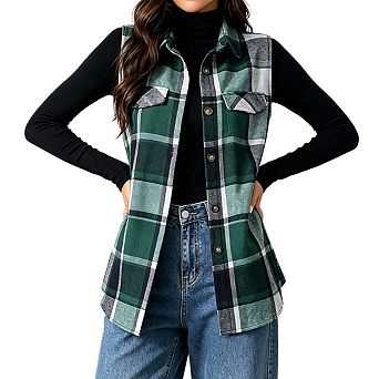 Women Collared Sleeveless Plaid Button Down Long Vest Casual Loose Fit Outerwear