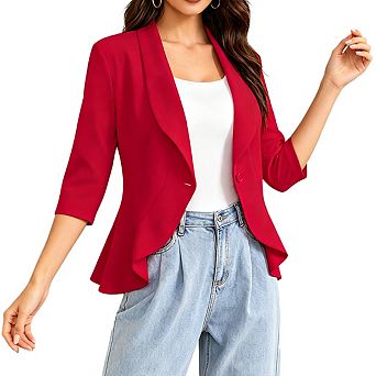 Women Lapel Three Quarter Sleeve Peplum Hem Blazer Business Elegant Lightweight Outerwear