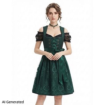 Women's Off‑Shoulder Handwoven Trim Jacquard Dirndl Dress, Bavarian 3 pc Oktoberfest Costume
