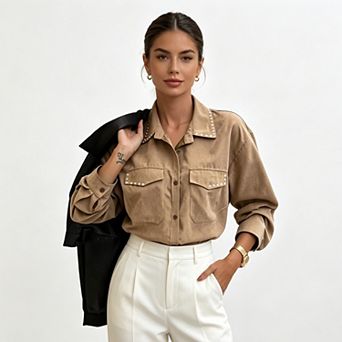 Women Rivet Decor Collar Suede Feel Long Sleeve Utility Pocket Vintage Button Down Shirt