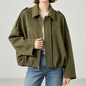 Women Lapel Zip-Up Suede Oversized Drop Shoulder Puff Hem Jacket Loose Streetwear Outerwear