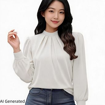 Puff Long Sleeve Dressy Shirts for Women Mock Neck Tops Pleated Front Blouses Casual Fashion Clothes
