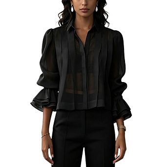 Women Collared Pleated Button Down Shirt Flare Long Sleeve Loose Fit Casual Blouse