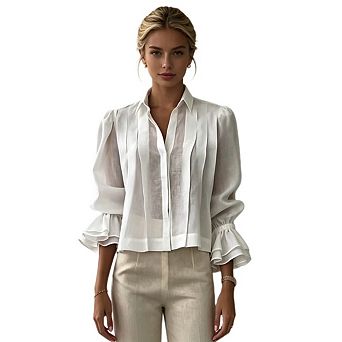 Women Collared Pleated Button Down Shirt Flare Long Sleeve Loose Fit Casual Blouse